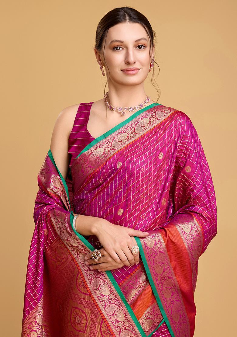 Rani Pink Jacquard Silk Saree Set
