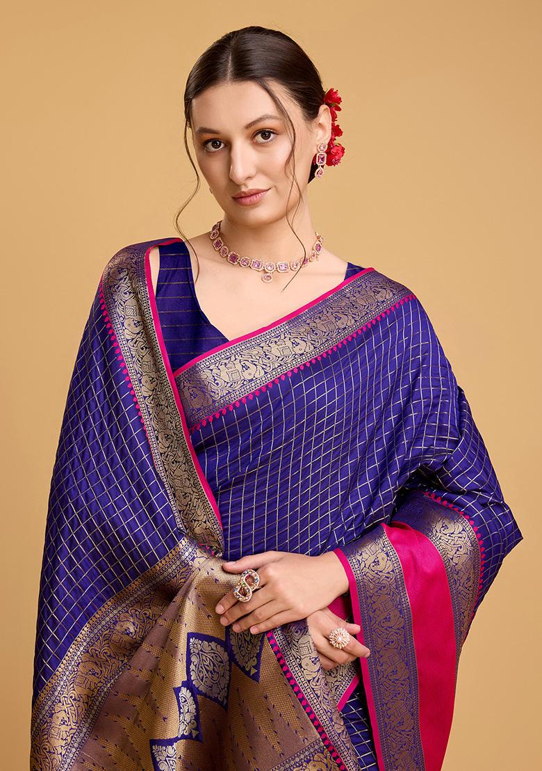 Blue Jacquard Silk Saree Set