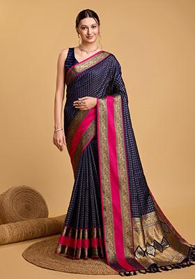 Navy Blue Jacquard Silk Saree Set