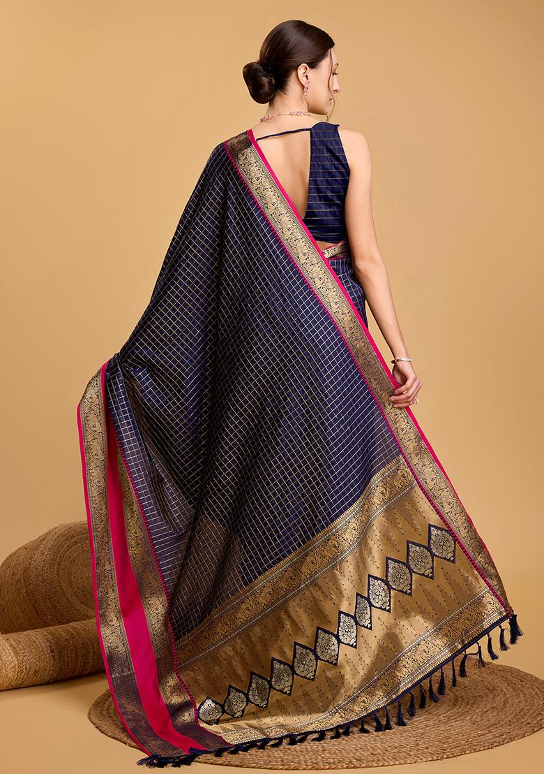 Navy Blue Jacquard Silk Saree Set