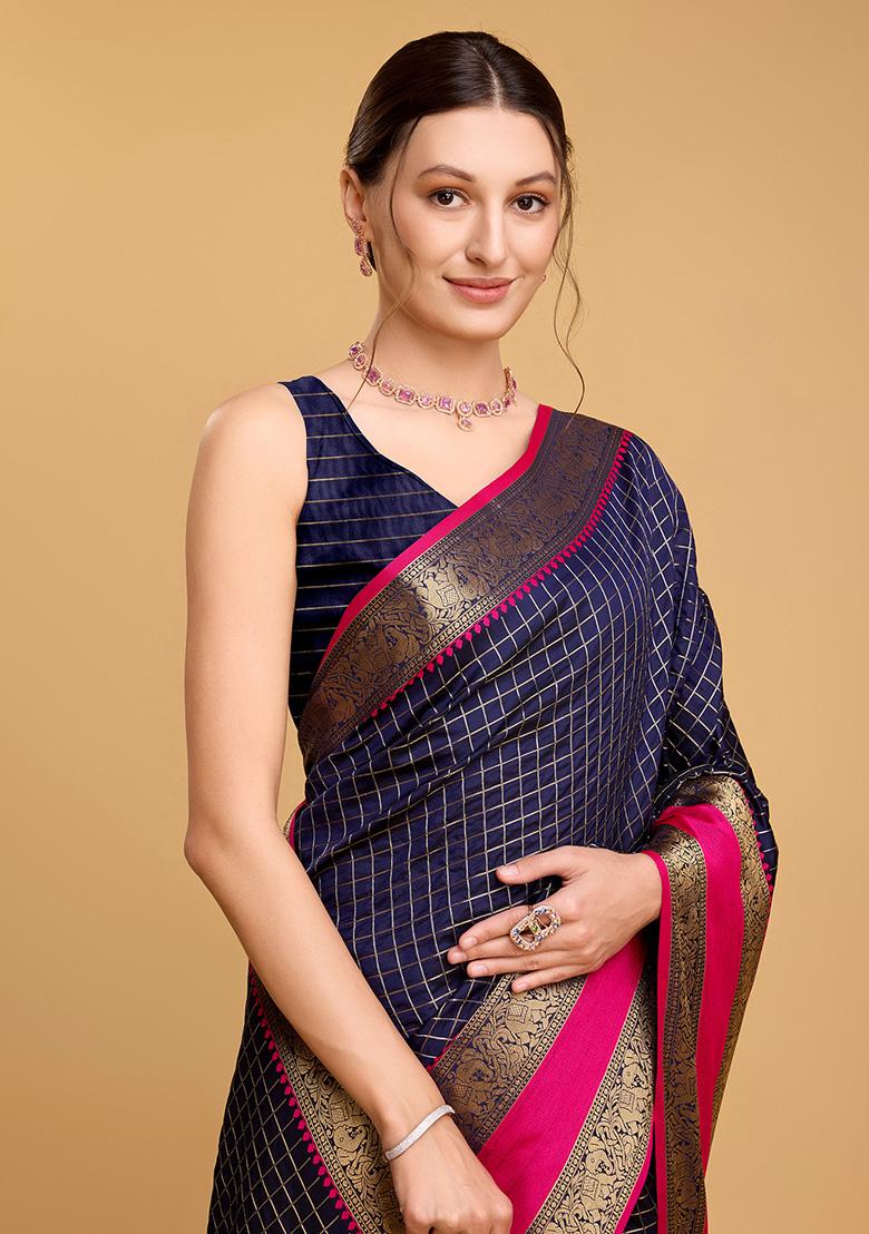 Navy Blue Jacquard Silk Saree Set