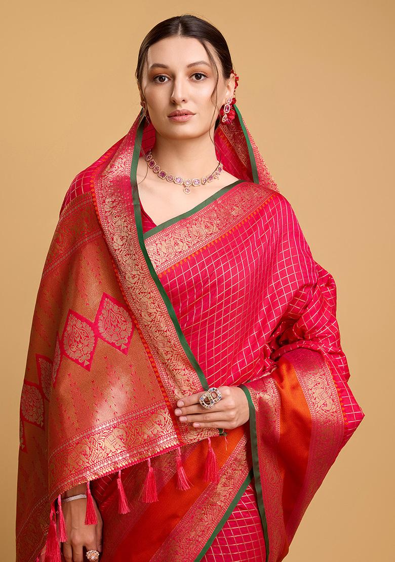 Pink Jacquard Silk Saree Set