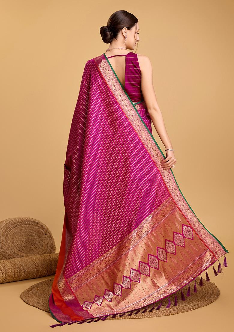 Rani Pink Jacquard Silk Saree Set