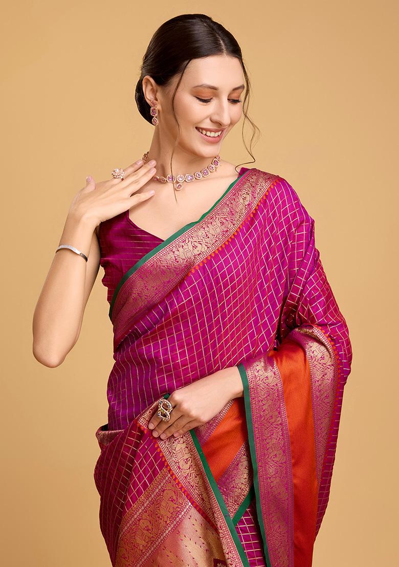 Rani Pink Jacquard Silk Saree Set