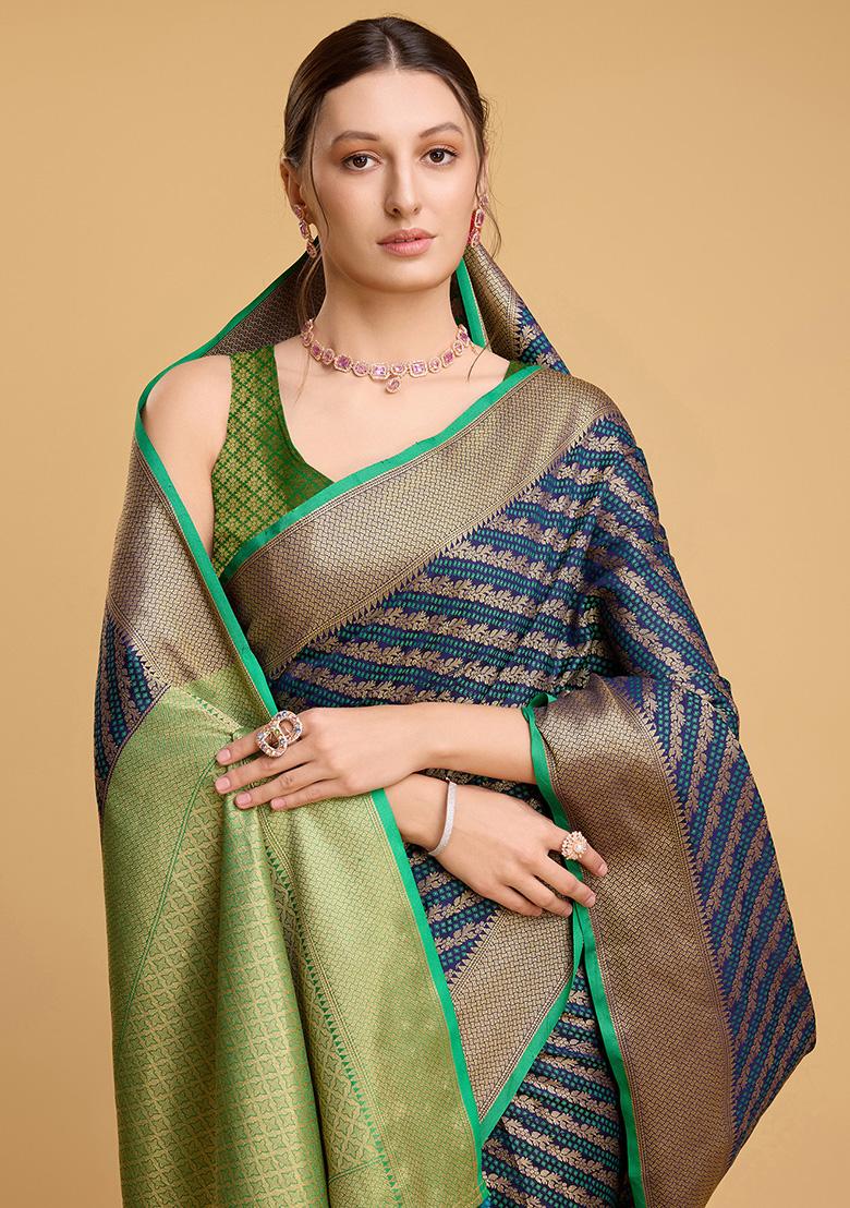 Navy Blue Jacquard Silk Saree Set