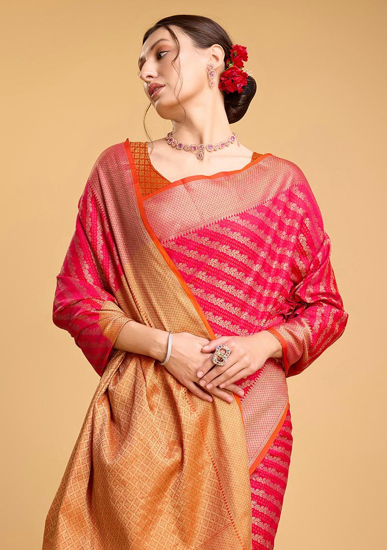 Pink Jacquard Silk Saree Set