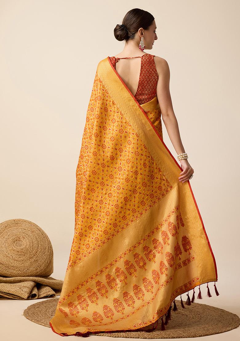 Mustard Yellow Jacquard Silk Saree Set