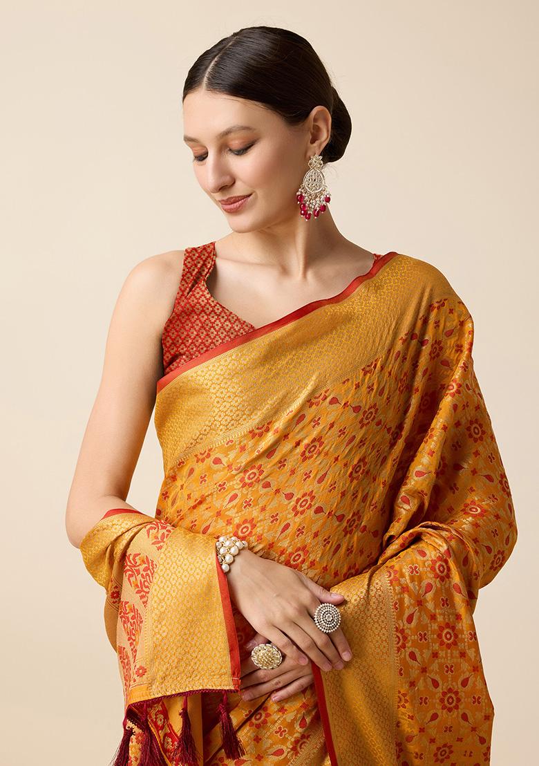 Mustard Yellow Jacquard Silk Saree Set