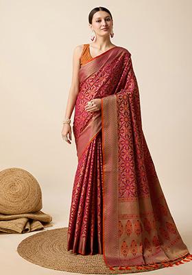 Rani Pink Jacquard Silk Saree Set