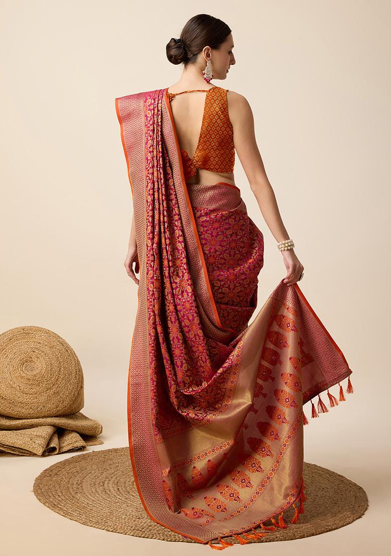 Rani Pink Jacquard Silk Saree Set