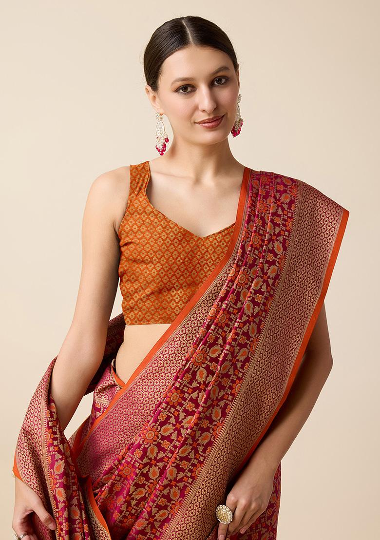 Rani Pink Jacquard Silk Saree Set