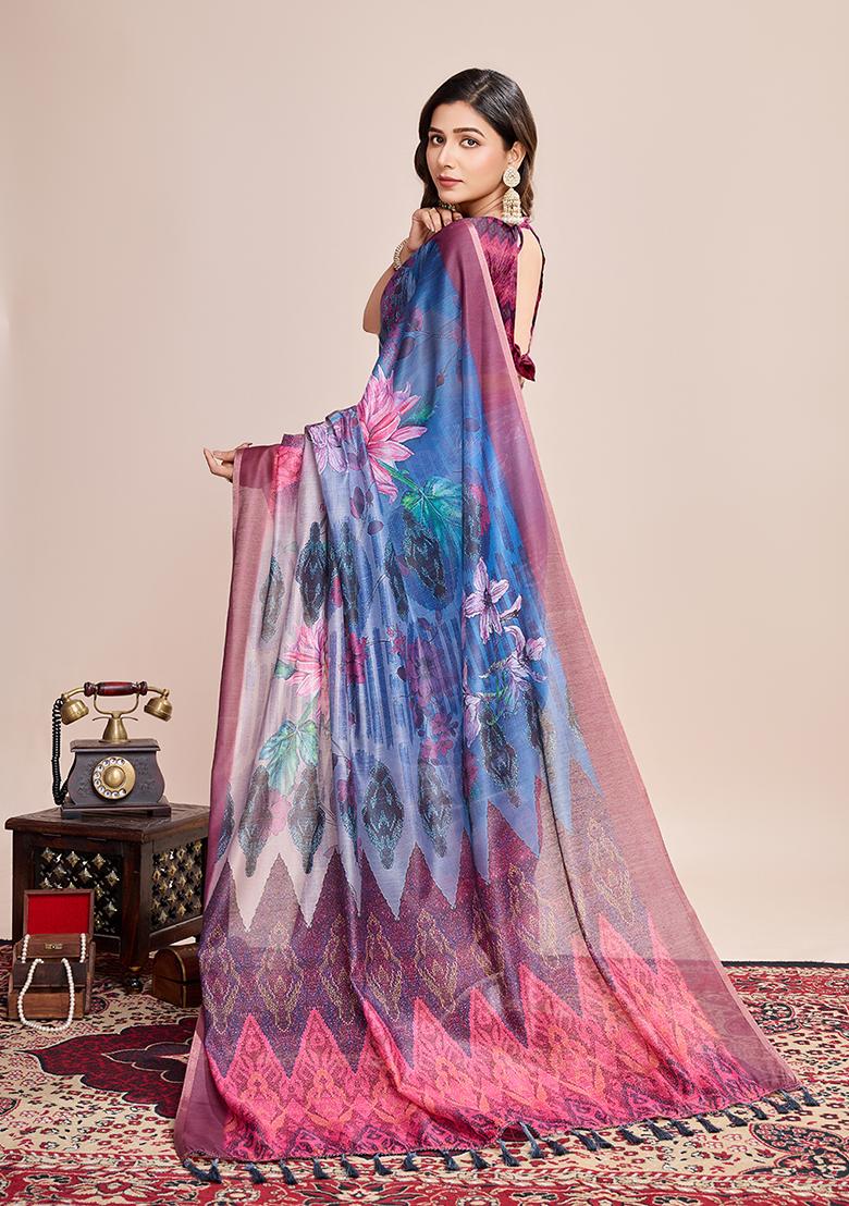 Blue Printed Linen Saree Set