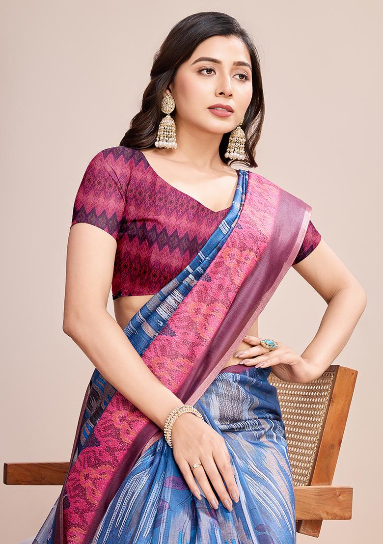 Blue Printed Linen Saree Set