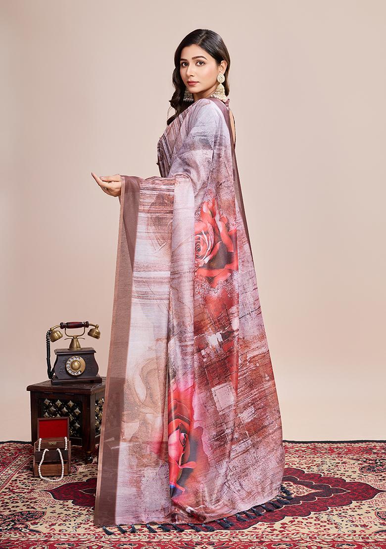 Brown Printed Linen Saree Set