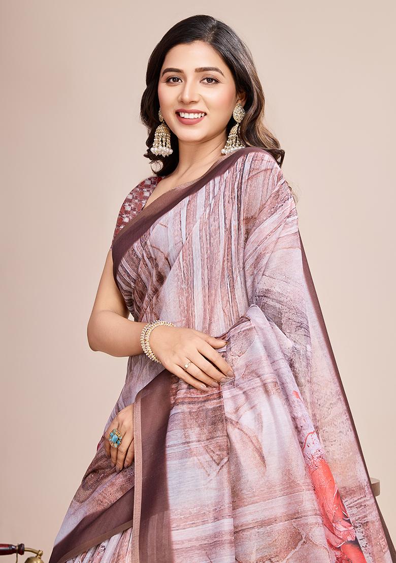 Brown Printed Linen Saree Set
