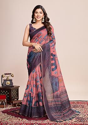 Grey Printed Linen Saree Set