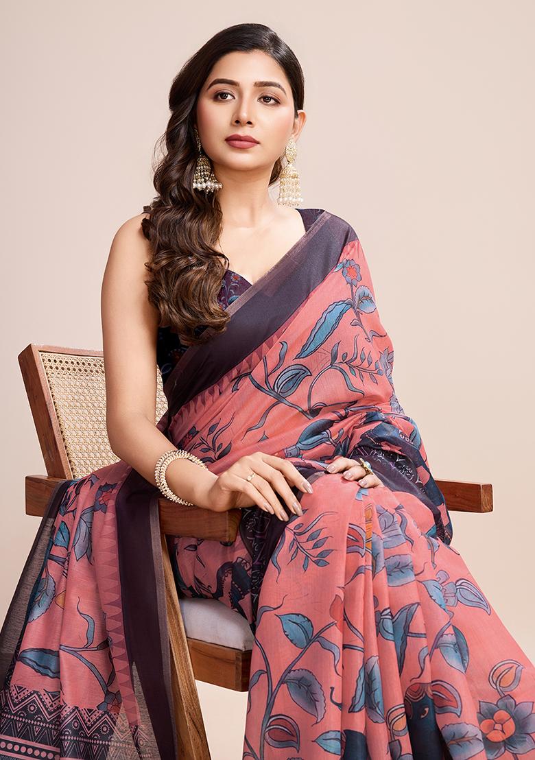Grey Printed Linen Saree Set