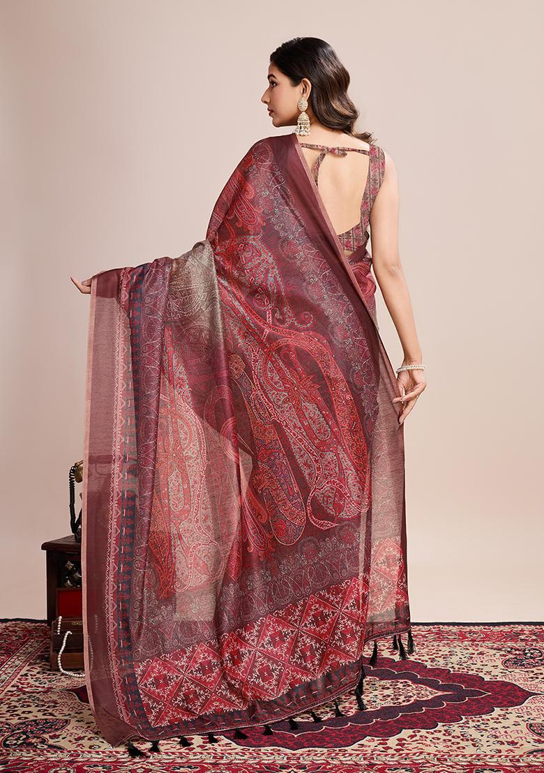 Maroon Printed Linen Saree Set
