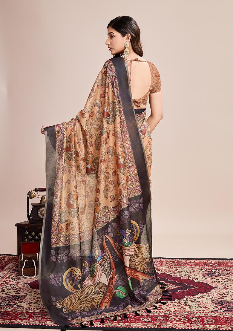 Mustard Yellow Printed Linen Saree Set