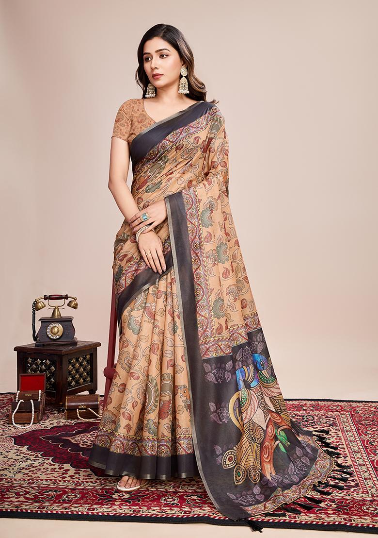Mustard Yellow Printed Linen Saree Set
