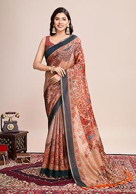 Orange Printed Linen Saree Set