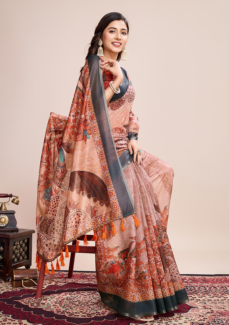 Orange Printed Linen Saree Set