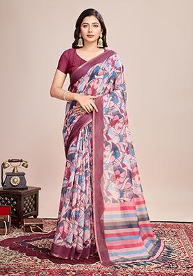 Pink Printed Linen Saree Set