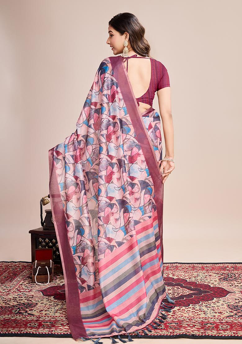 Pink Printed Linen Saree Set