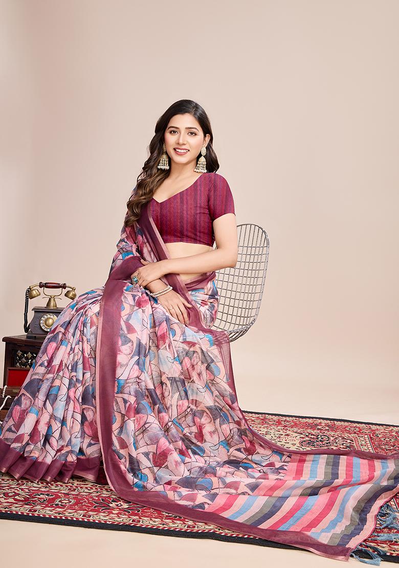 Pink Printed Linen Saree Set