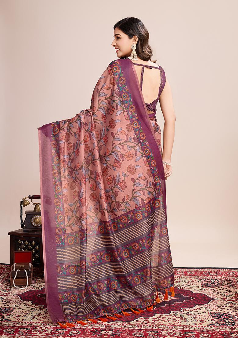Purple Printed Linen Saree Set