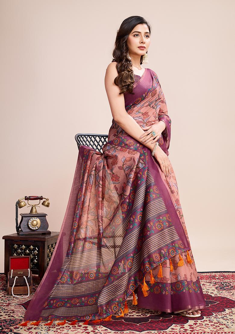 Purple Printed Linen Saree Set