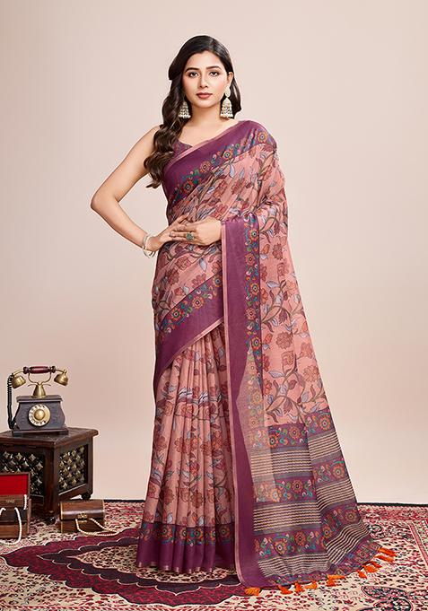 Purple Printed Linen Saree Set