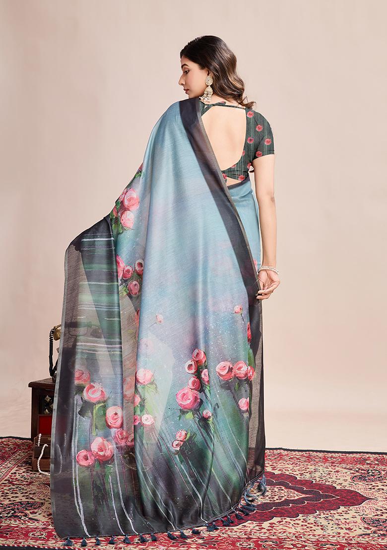 Rama Blue Printed Linen Saree Set