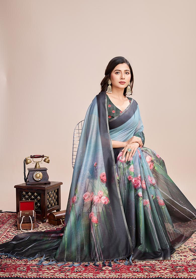 Rama Blue Printed Linen Saree Set
