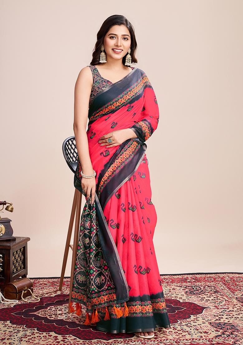 Rani Pink Printed Linen Saree Set