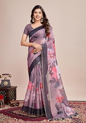 Wine Printed Linen Saree Set