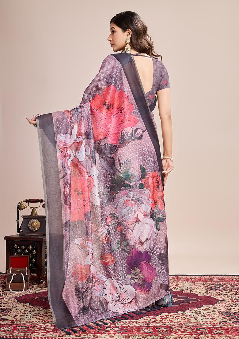 Wine Printed Linen Saree Set