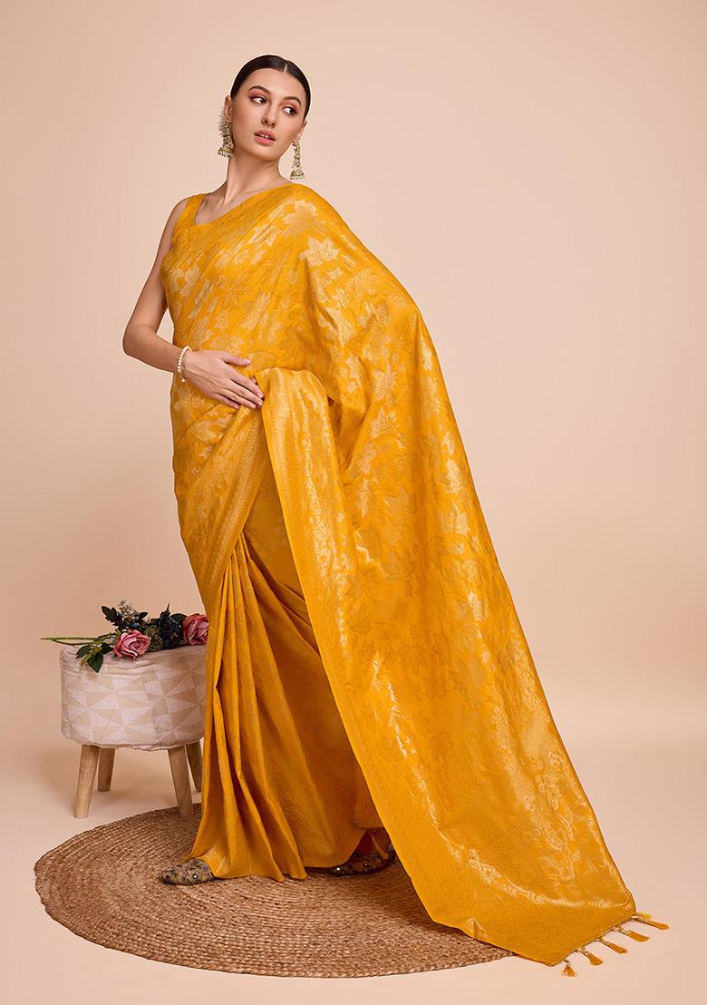 Mustard Yellow Jacquard Silk Saree Set