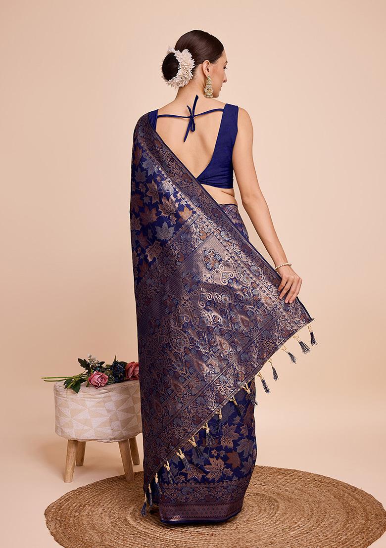 Navy Blue Jacquard Silk Saree Set