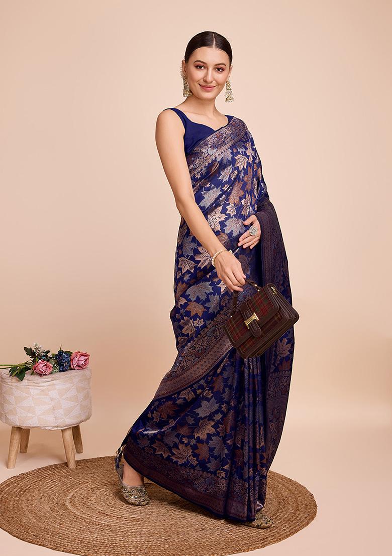 Navy Blue Jacquard Silk Saree Set