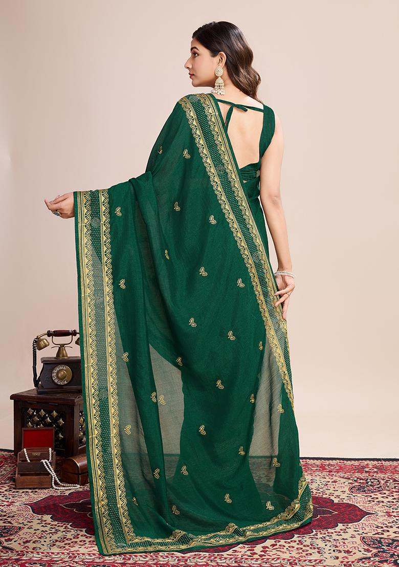 Green Embroidered Vichitra Saree Set