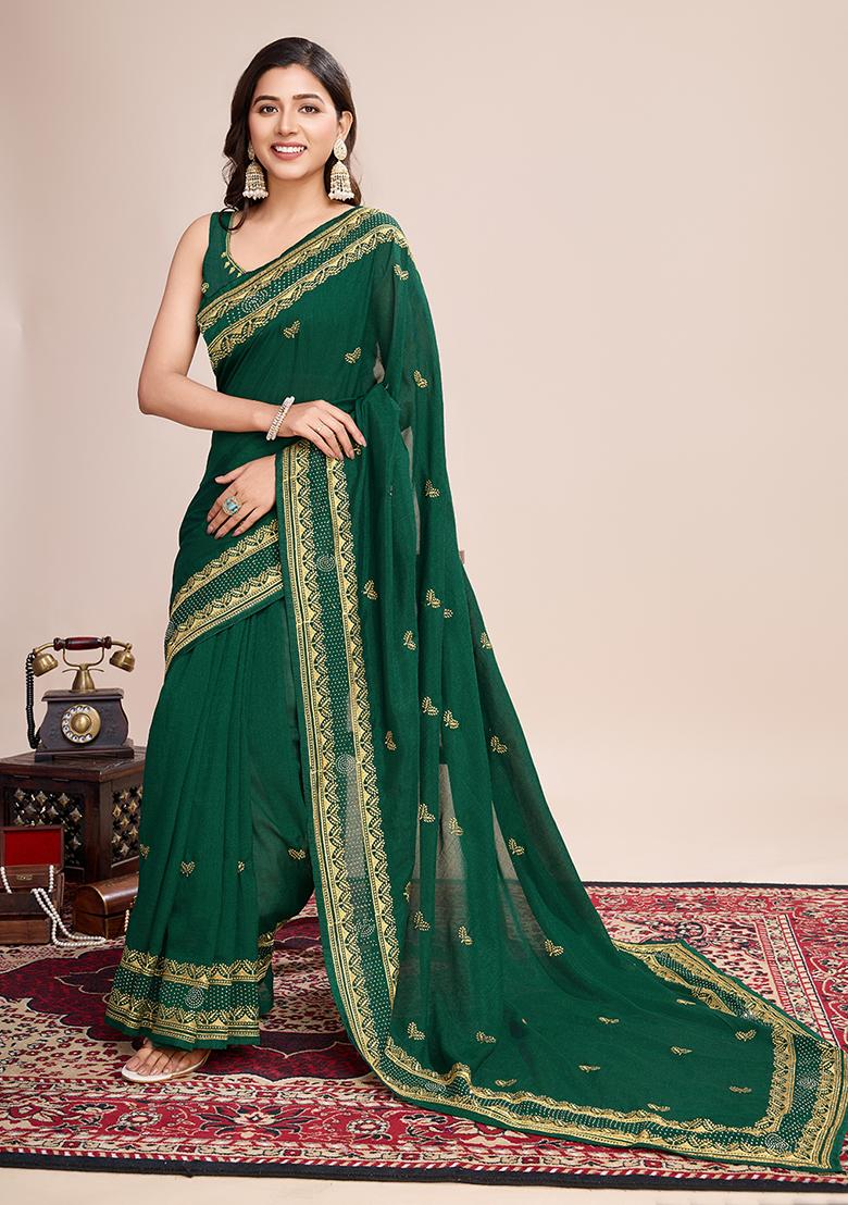 Green Embroidered Vichitra Saree Set