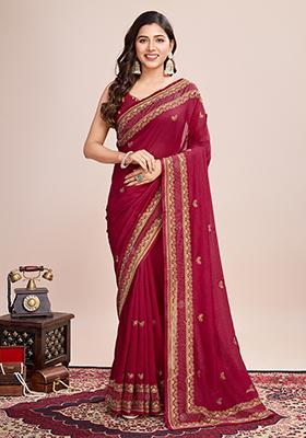 Maroon Embroidered Vichitra Saree Set
