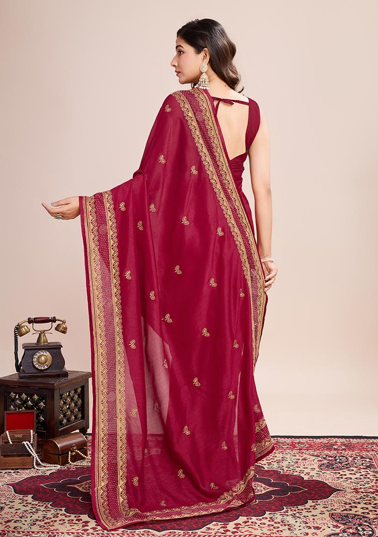 Maroon Embroidered Vichitra Saree Set