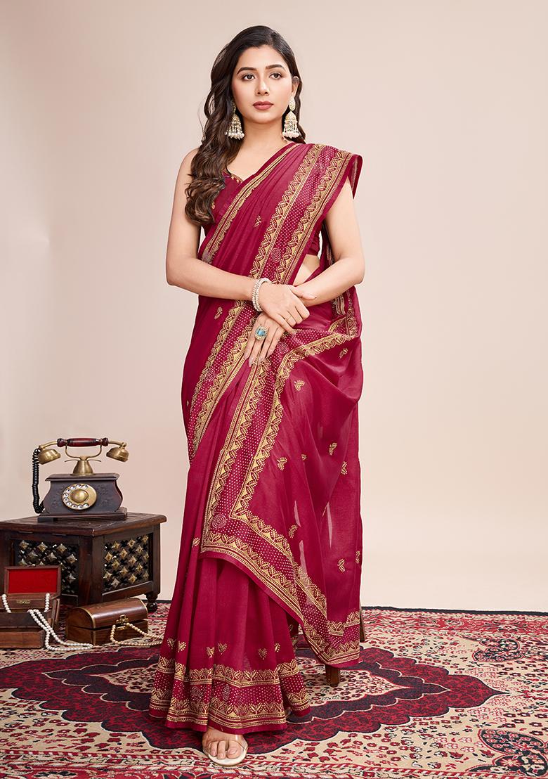 Maroon Embroidered Vichitra Saree Set
