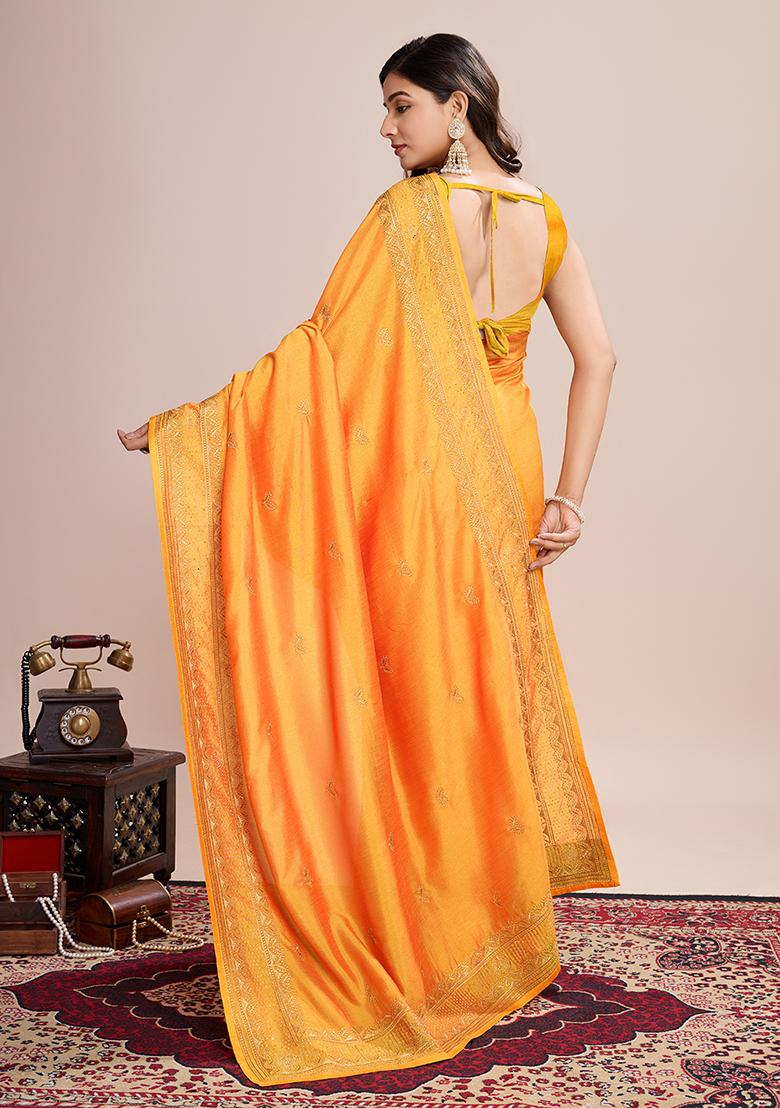 Mustard Yellow Embroidered Vichitra Saree Set