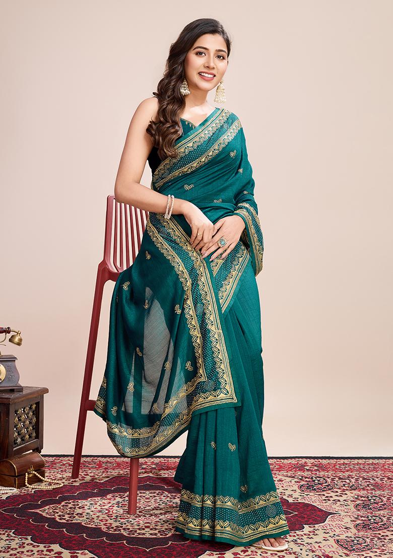 Sea Green Embroidered Vichitra Saree Set