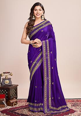 Violet Embroidered Vichitra Saree Set