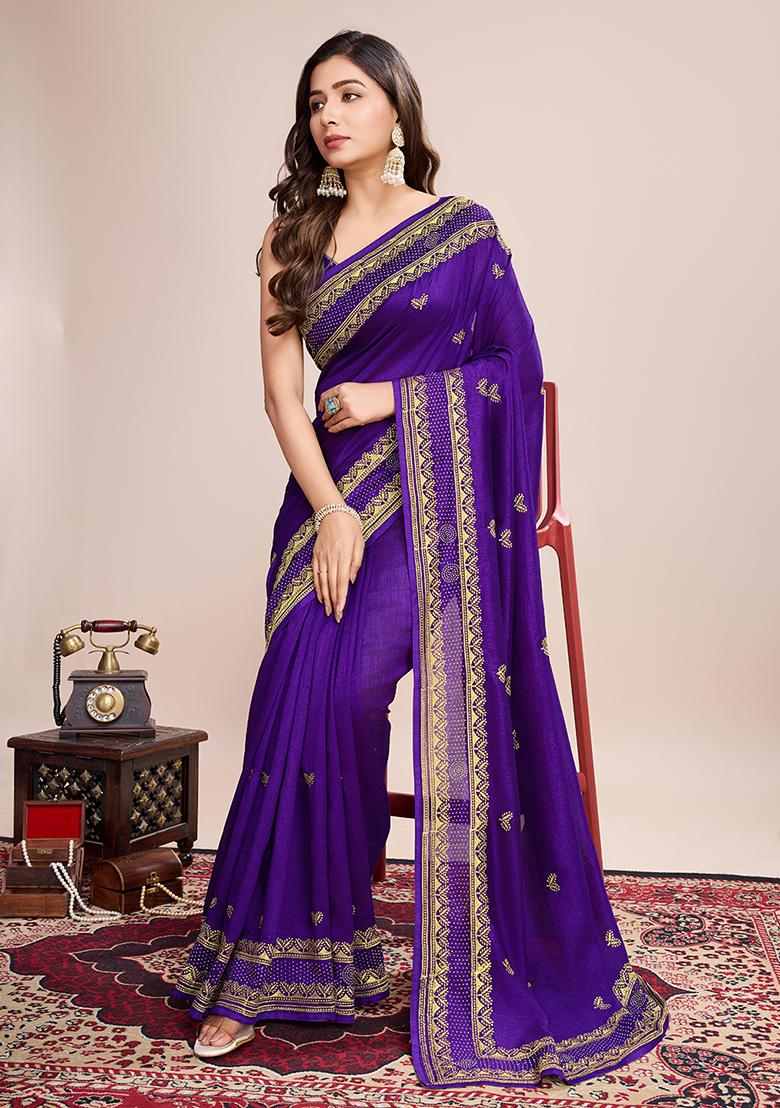 Violet Embroidered Vichitra Saree Set