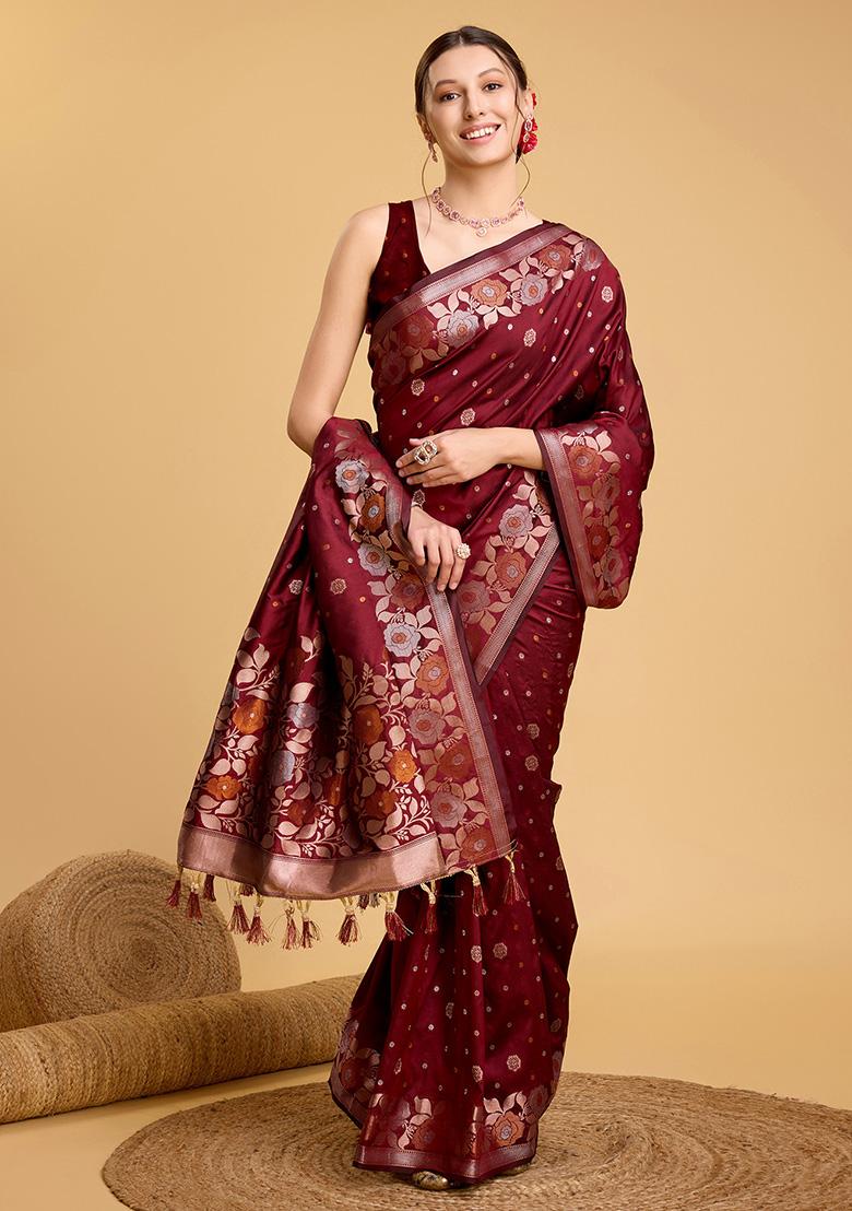 Maroon Jacquard Silk Saree Set